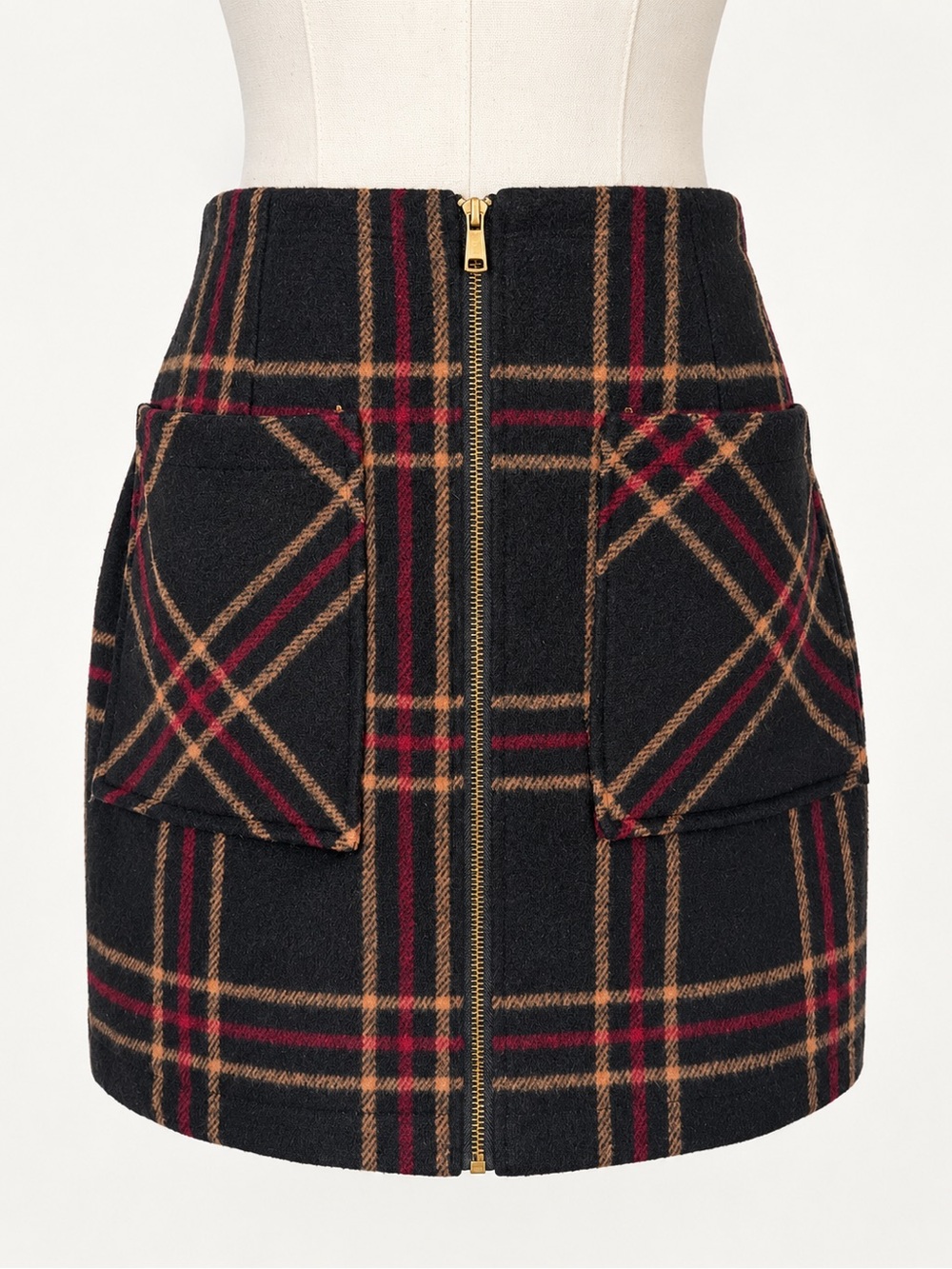 Hyfve Size S Black Burgundy Plaid Mini Skirt Gold Zip Pocket Preppy Academia